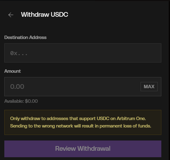 Hypernovaの実際のWithdraw USDC（Arbitrum）画面